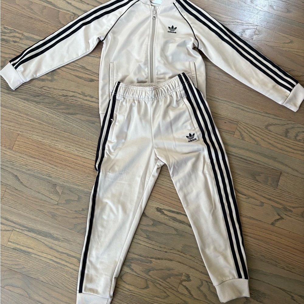 Adidas Cream Tracksuit with Black Stripes